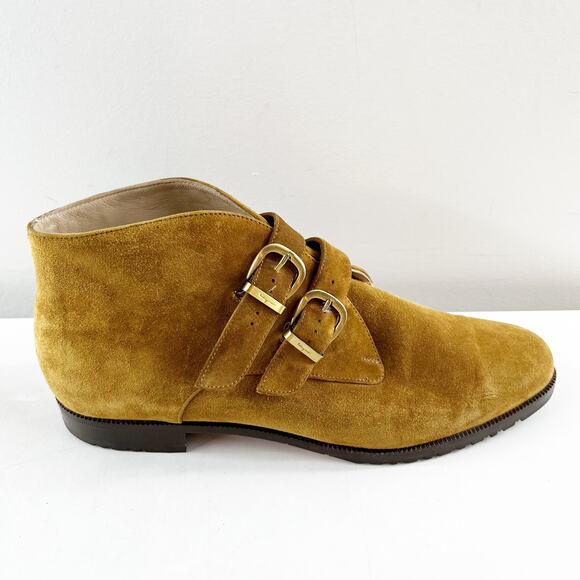 Salvatore Ferragamo Suede Double Buckle Ankle Boots Booties Golden Brown 7.5 - Picture 1 of 8